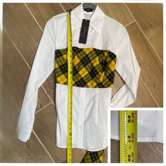 Petersyn Monroe Blouse Plaid Tartan Panel Tie Back Blouse White Yellow S - Picture 7 of 16